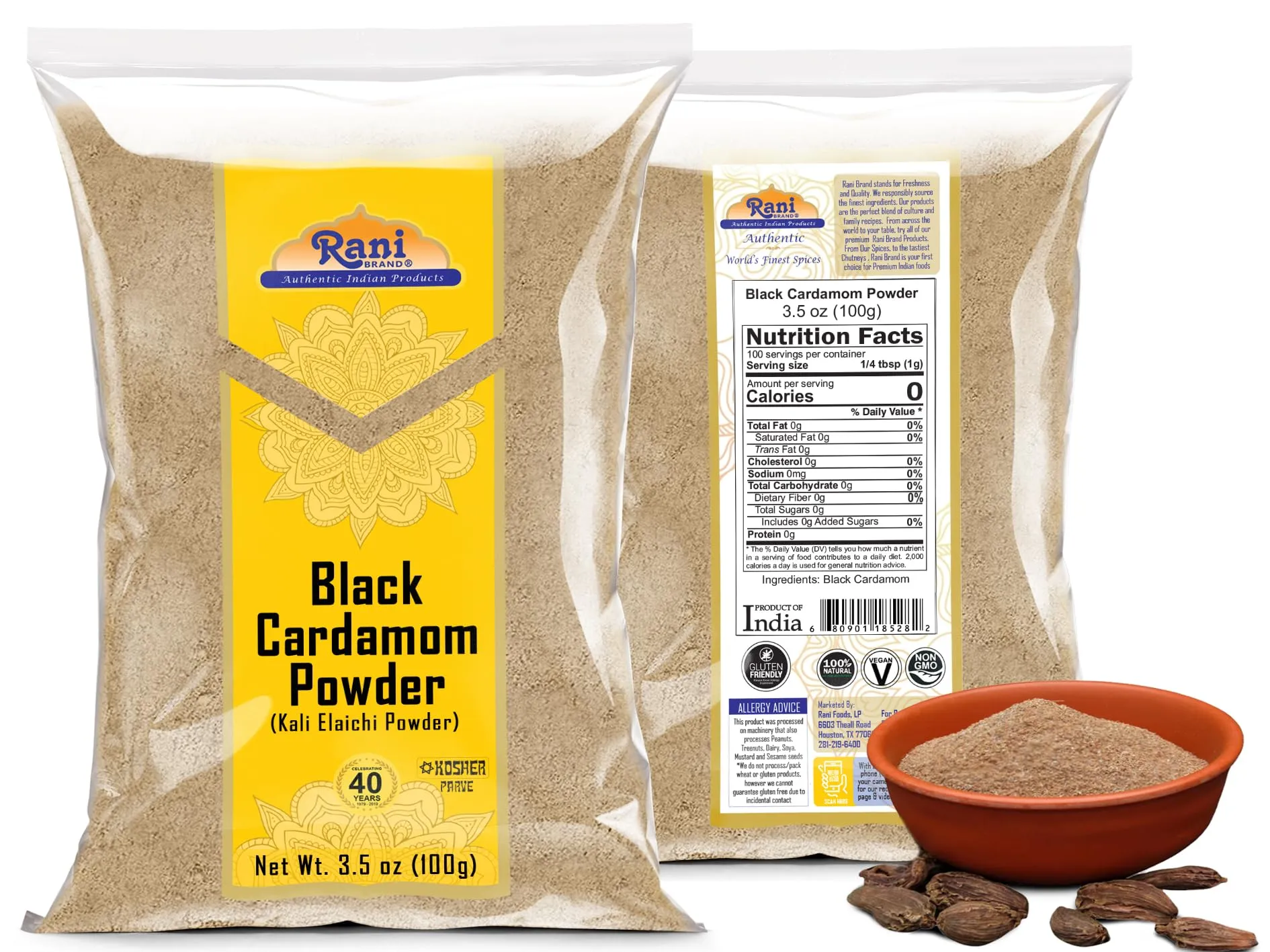 Rani Black Cardamom Powder (Kali Elachi) Indian Spice 3.5oz (100g) ~ All Natural | Vegan | Gluten Friendly | NON-GMO | Kosher | Indian Origin | Smokey, Tsaoko, Cao Guo, Bach Dan Khau, Badi