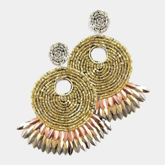 Round Metal Fringe Seed Bead Dangle Earrings