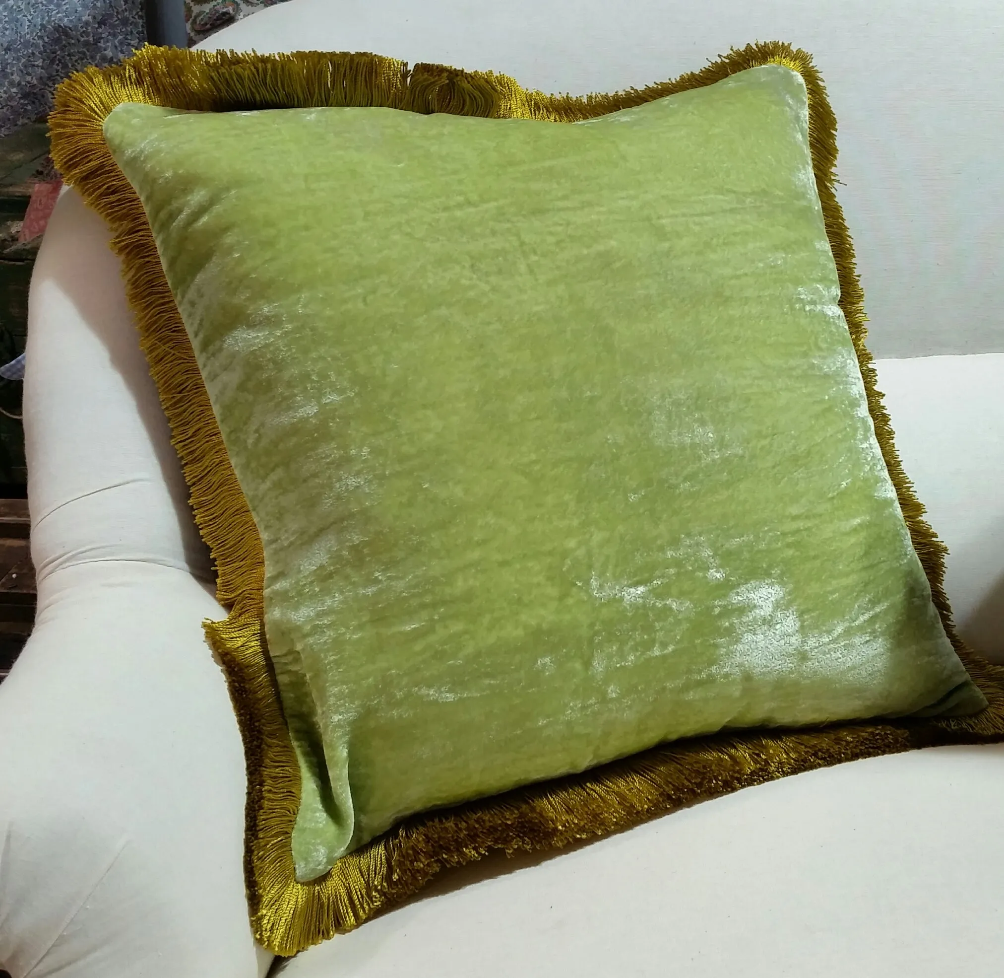 Silk Velvet Fringed Cushion in Apple Green with a Golden Trim- 40cm square