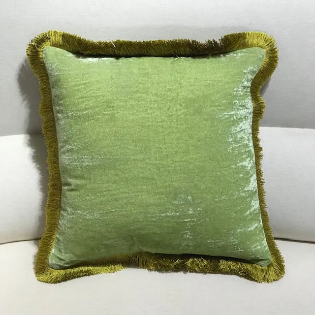 Silk Velvet Fringed Cushion in Apple Green with a Golden Trim- 40cm square