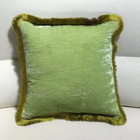 Silk Velvet Fringed Cushion in Apple Green with a Golden Trim- 40cm square