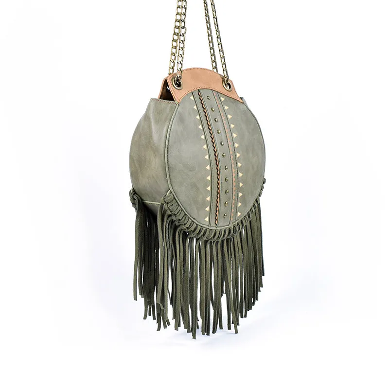 Small Womens Vegan Leather Fringe Circle Crossbody Bag Boho Purses for Women