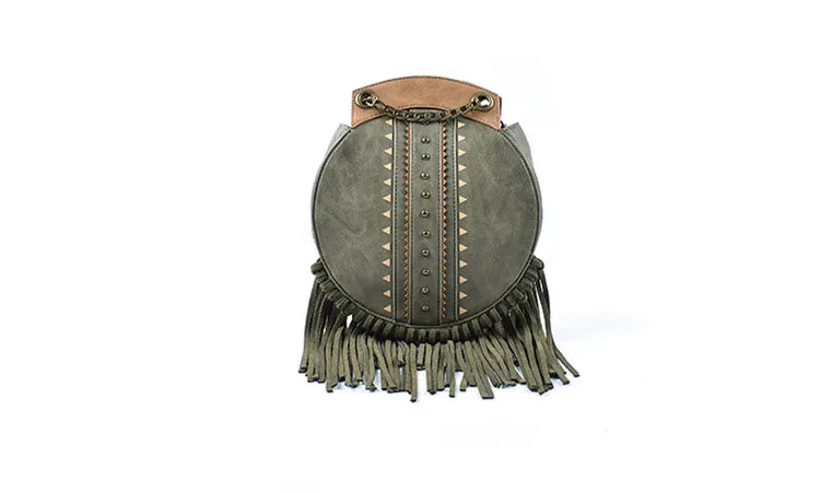 Small Womens Vegan Leather Fringe Circle Crossbody Bag Boho Purses for Women