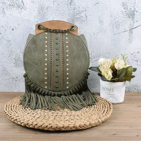 Small Womens Vegan Leather Fringe Circle Crossbody Bag Boho Purses for Women