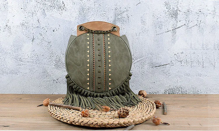 Small Womens Vegan Leather Fringe Circle Crossbody Bag Boho Purses for Women