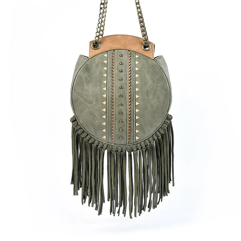 Small Womens Vegan Leather Fringe Circle Crossbody Bag Boho Purses for Women