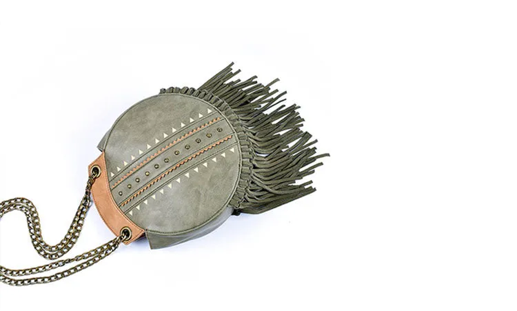 Small Womens Vegan Leather Fringe Circle Crossbody Bag Boho Purses for Women