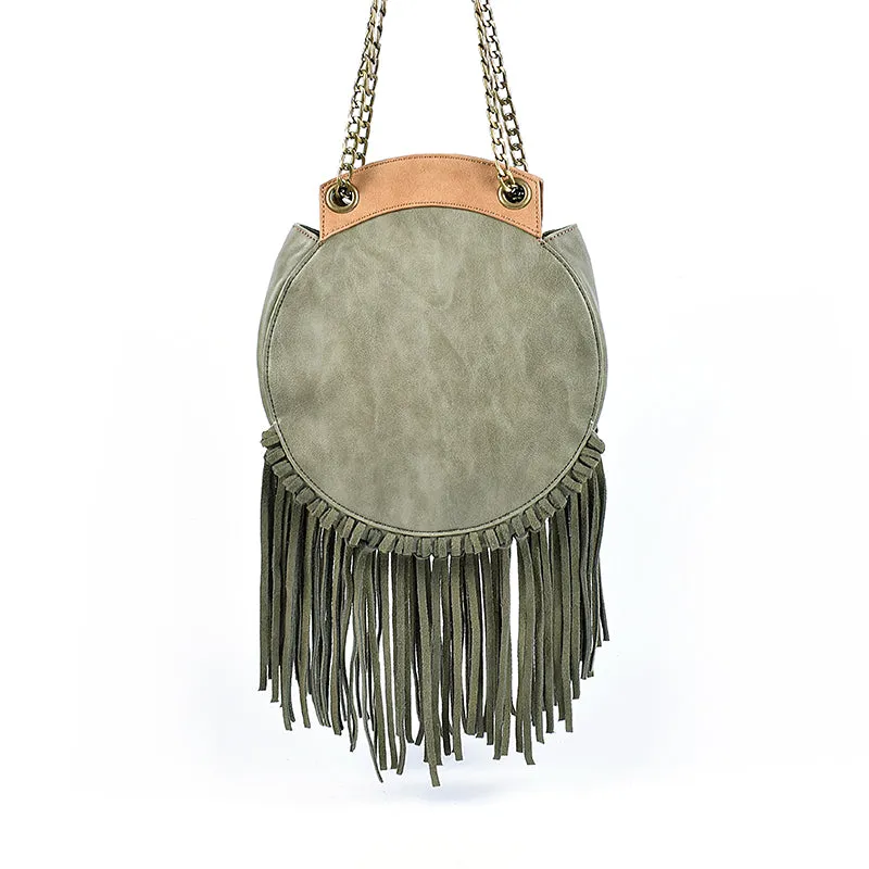 Small Womens Vegan Leather Fringe Circle Crossbody Bag Boho Purses for Women