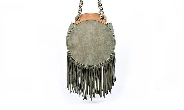 Small Womens Vegan Leather Fringe Circle Crossbody Bag Boho Purses for Women
