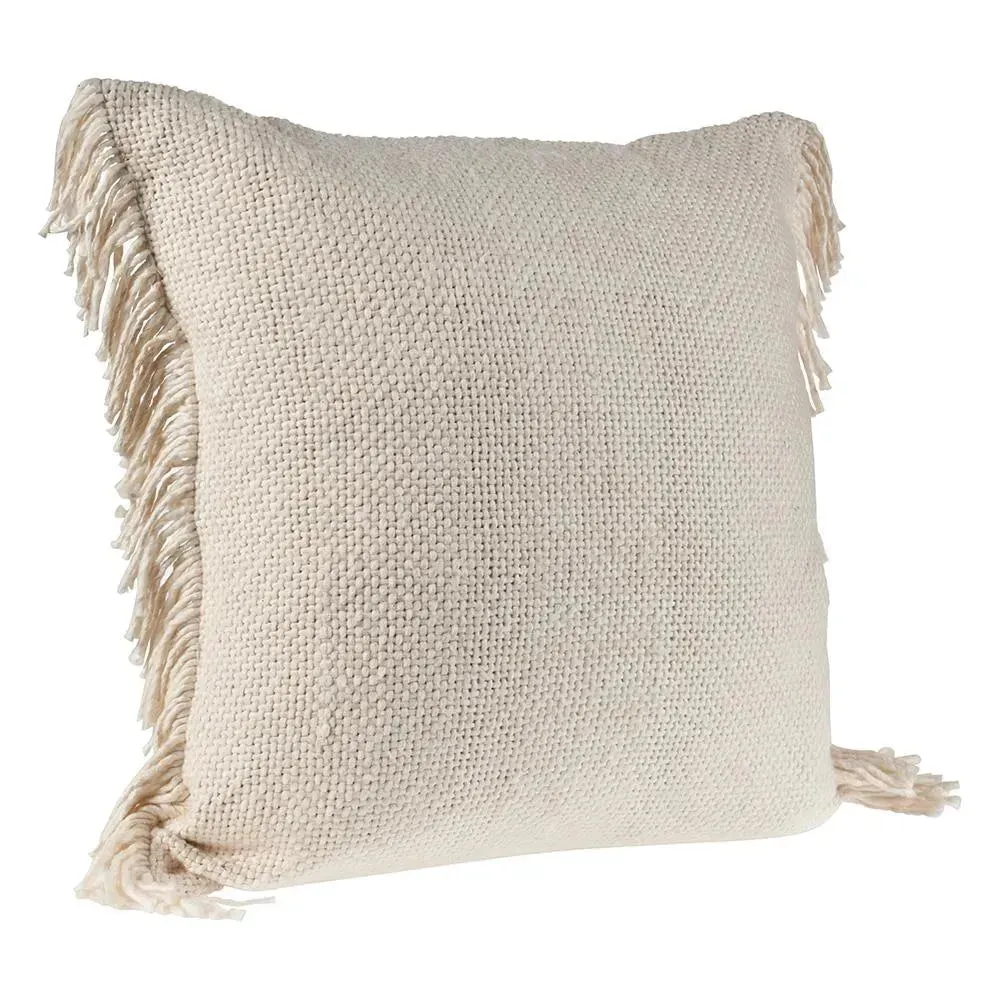Solid Ivory Woven  with Fringe LR07519 Throw Pillow