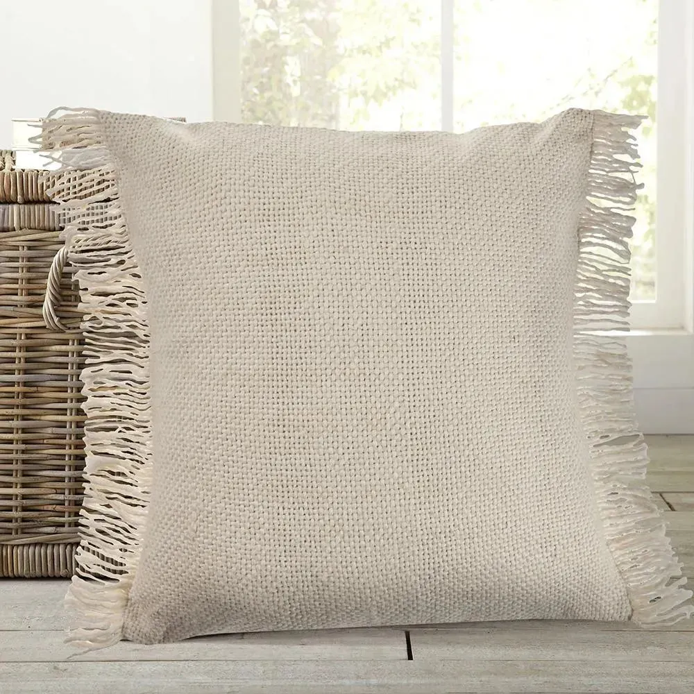 Solid Ivory Woven  with Fringe LR07519 Throw Pillow