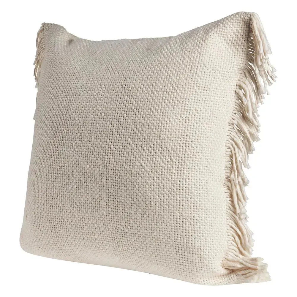 Solid Ivory Woven  with Fringe LR07519 Throw Pillow