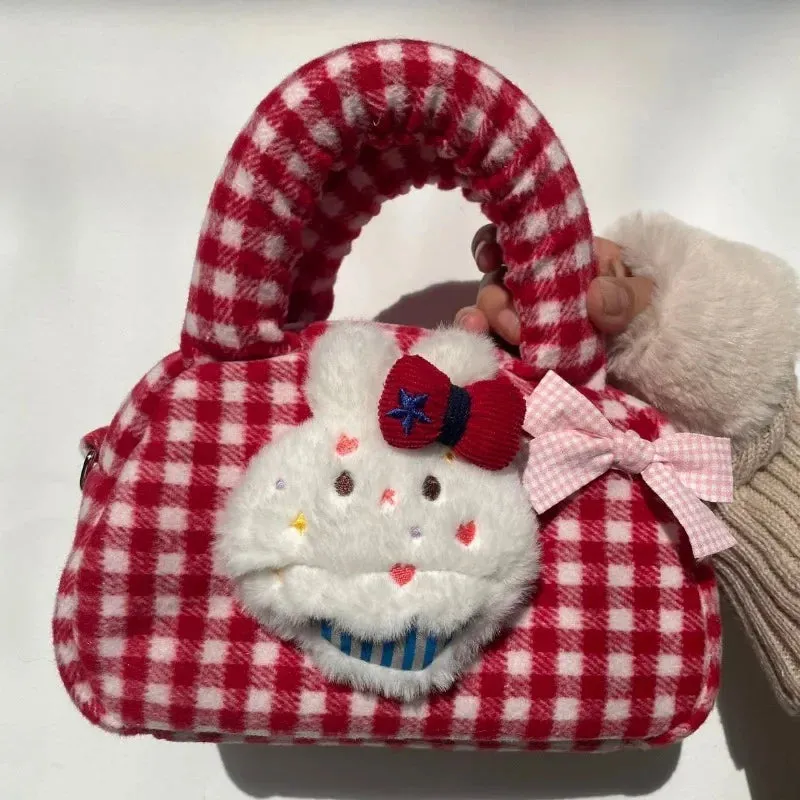 TAVIMART  -  Trendy Cartoon Fluffy Rabbit Top-Handle Bags Sweet Bow Kawaii Plaid Shoulder Crossbody Bag Y2k Harajuku Women Purse and Handbags