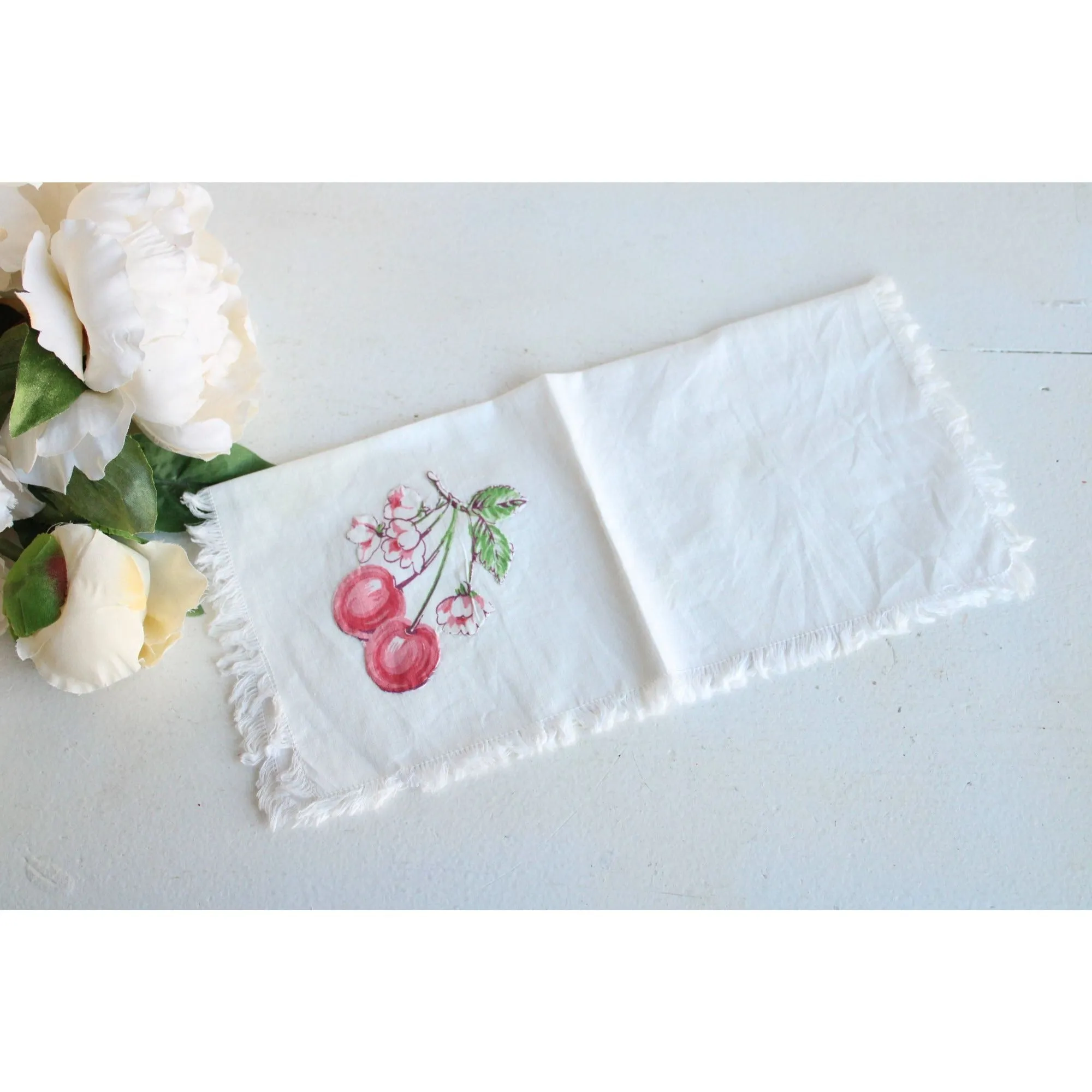 Vintage Cherry Linen Handkerchief