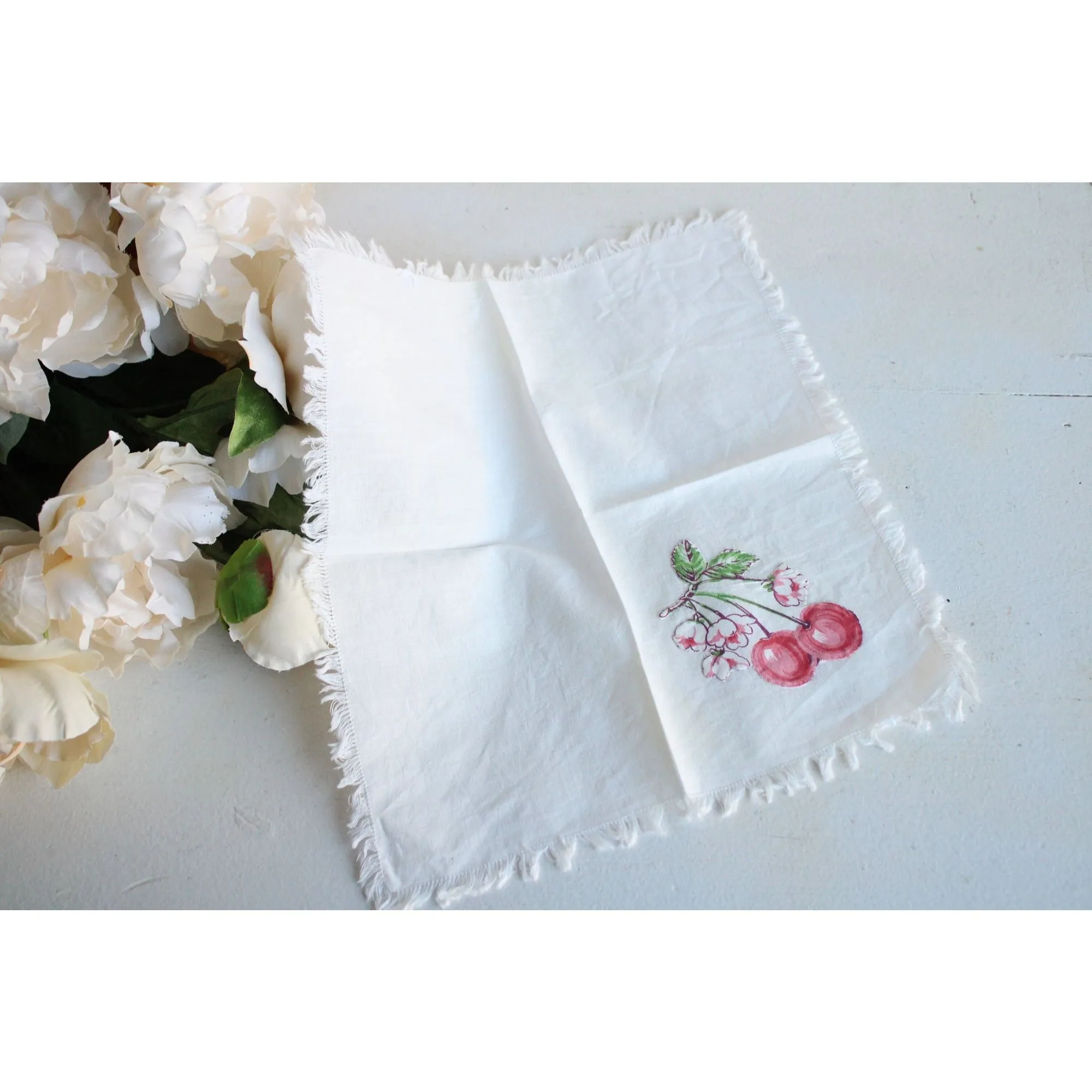 Vintage Cherry Linen Handkerchief
