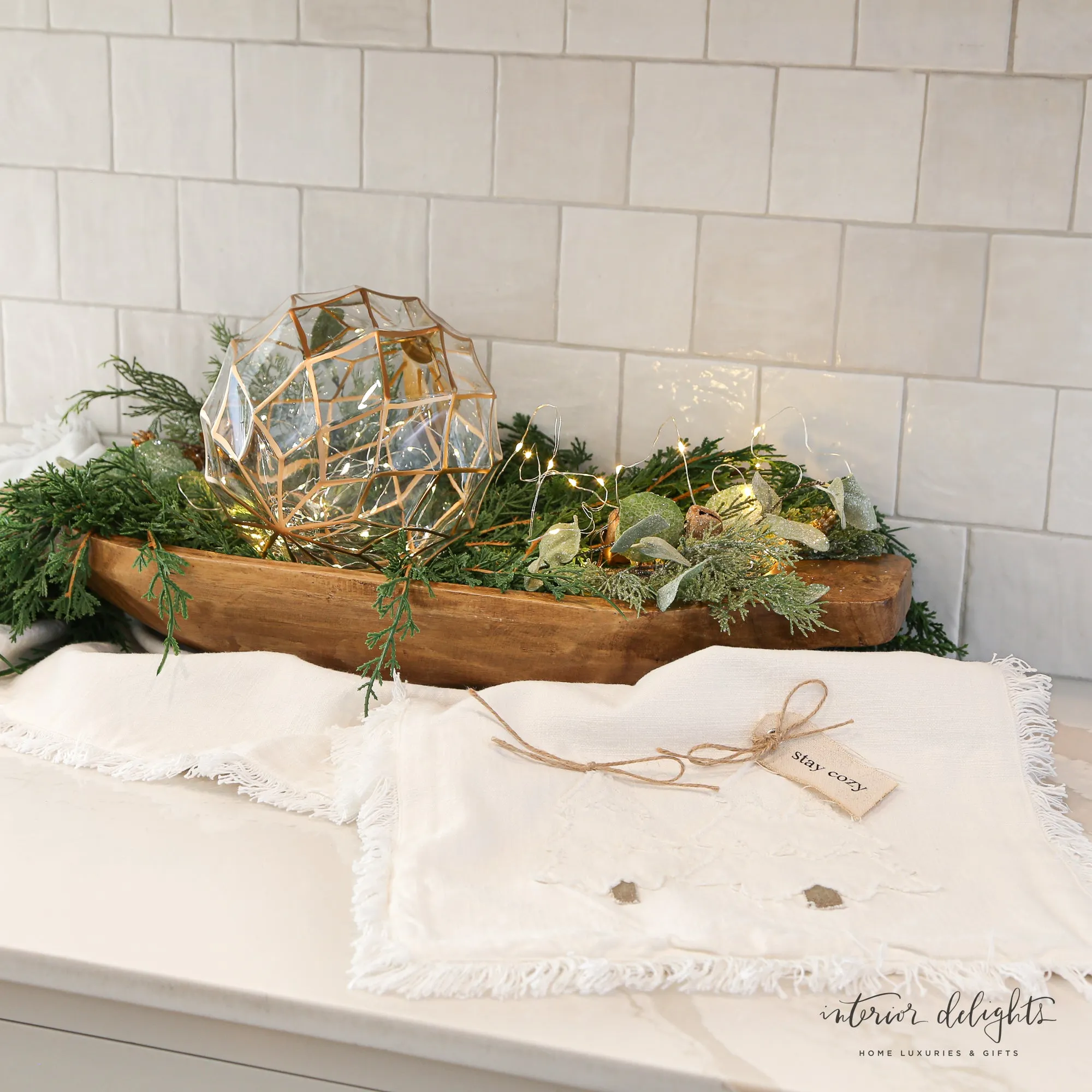 White Embroidered Trees Table Runner