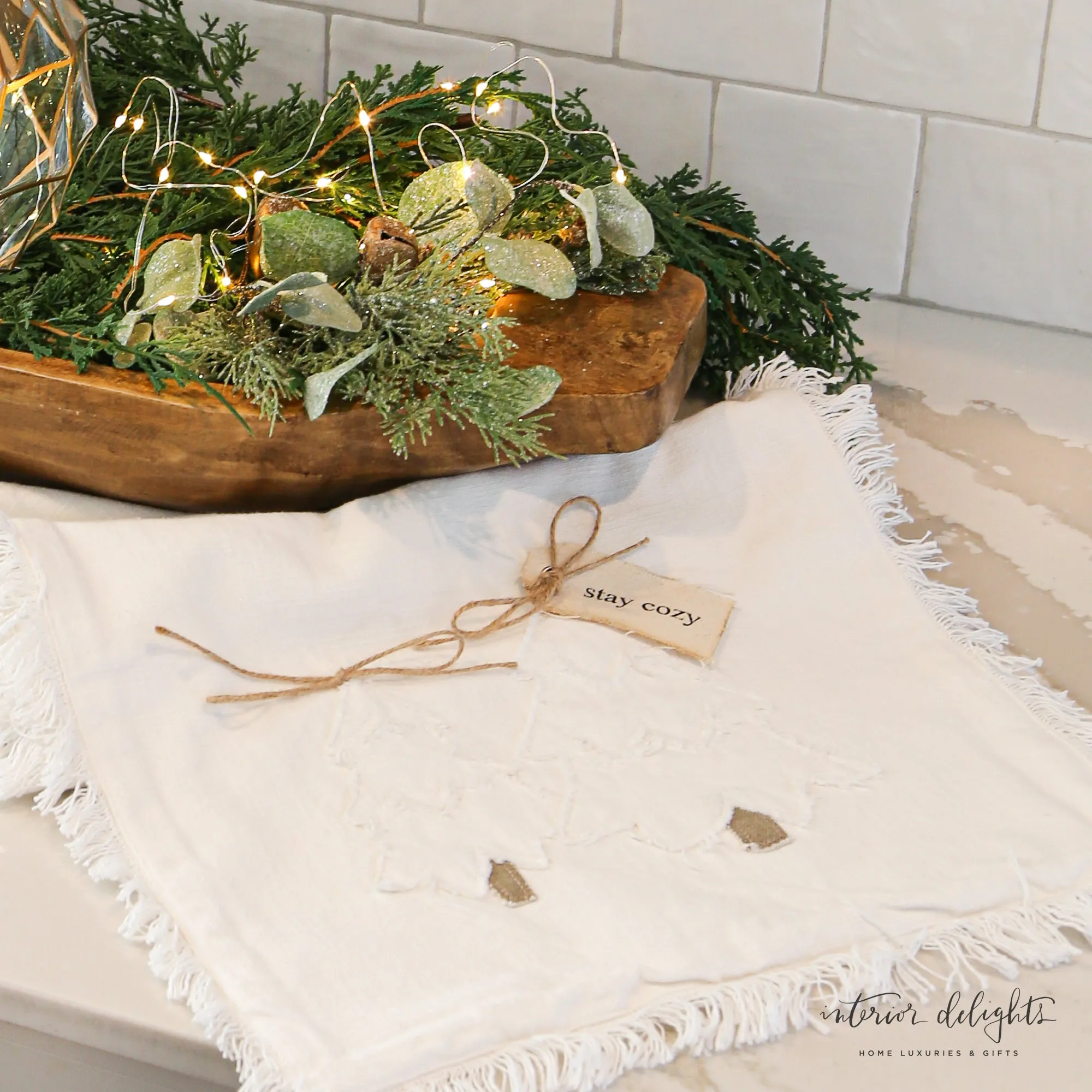 White Embroidered Trees Table Runner