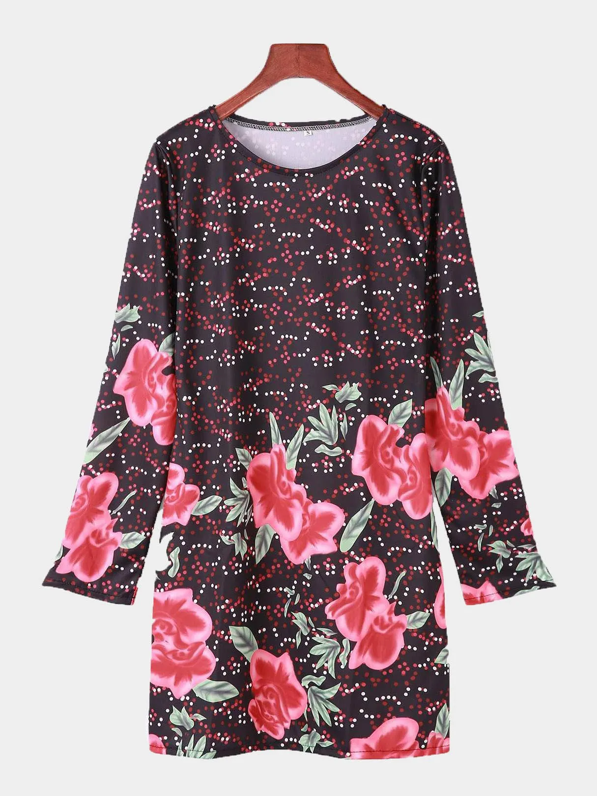 Wholesale Black Floral Print Round Neck Long Sleeve Mini Dress