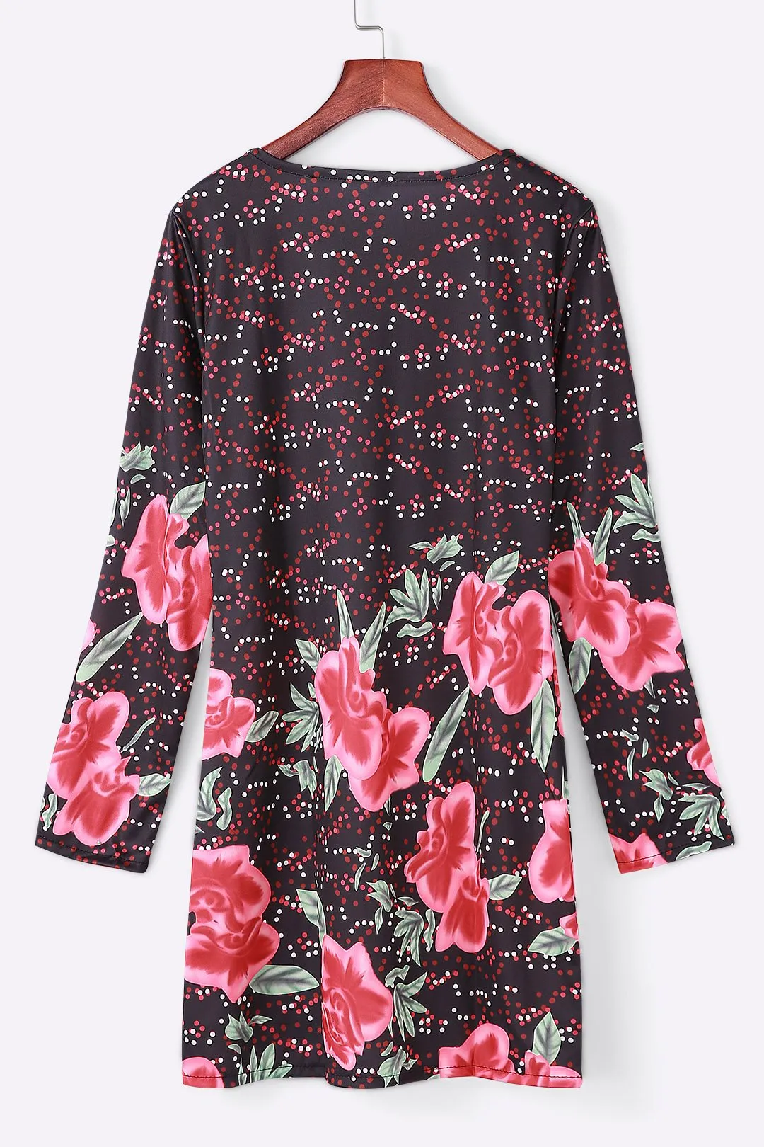 Wholesale Black Floral Print Round Neck Long Sleeve Mini Dress