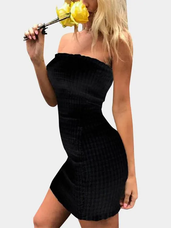 Wholesale Black Off The Shoulder Sleeveless Plain Backless Pleated Mini Dress