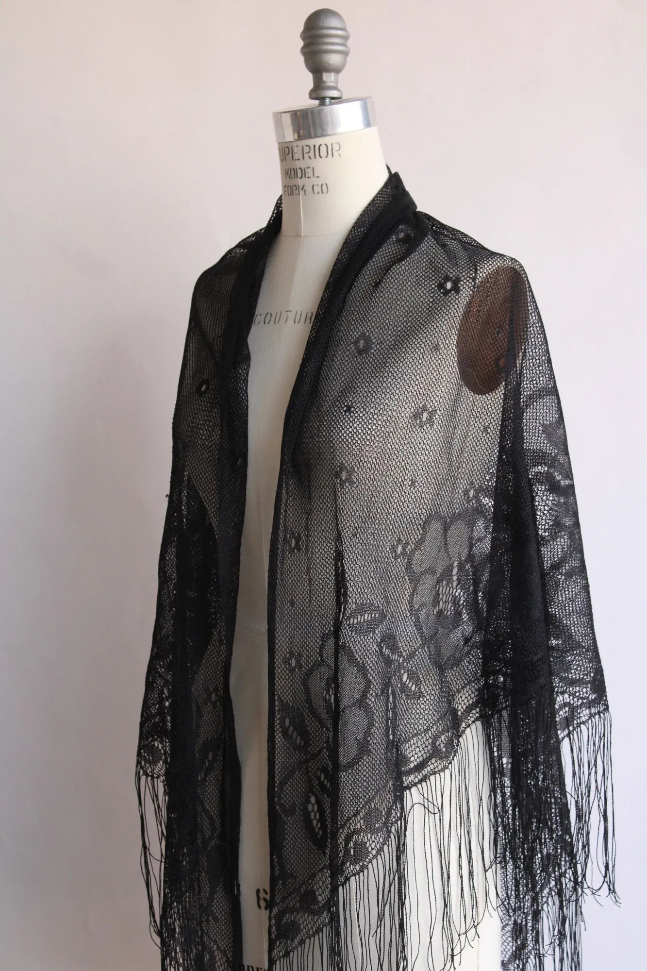 Womens Black Lace Shawl with Fringe, Triangle Wrap, Witchy Goth Style