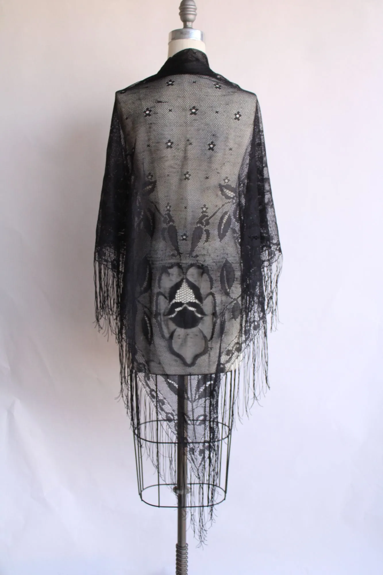 Womens Black Lace Shawl with Fringe, Triangle Wrap, Witchy Goth Style