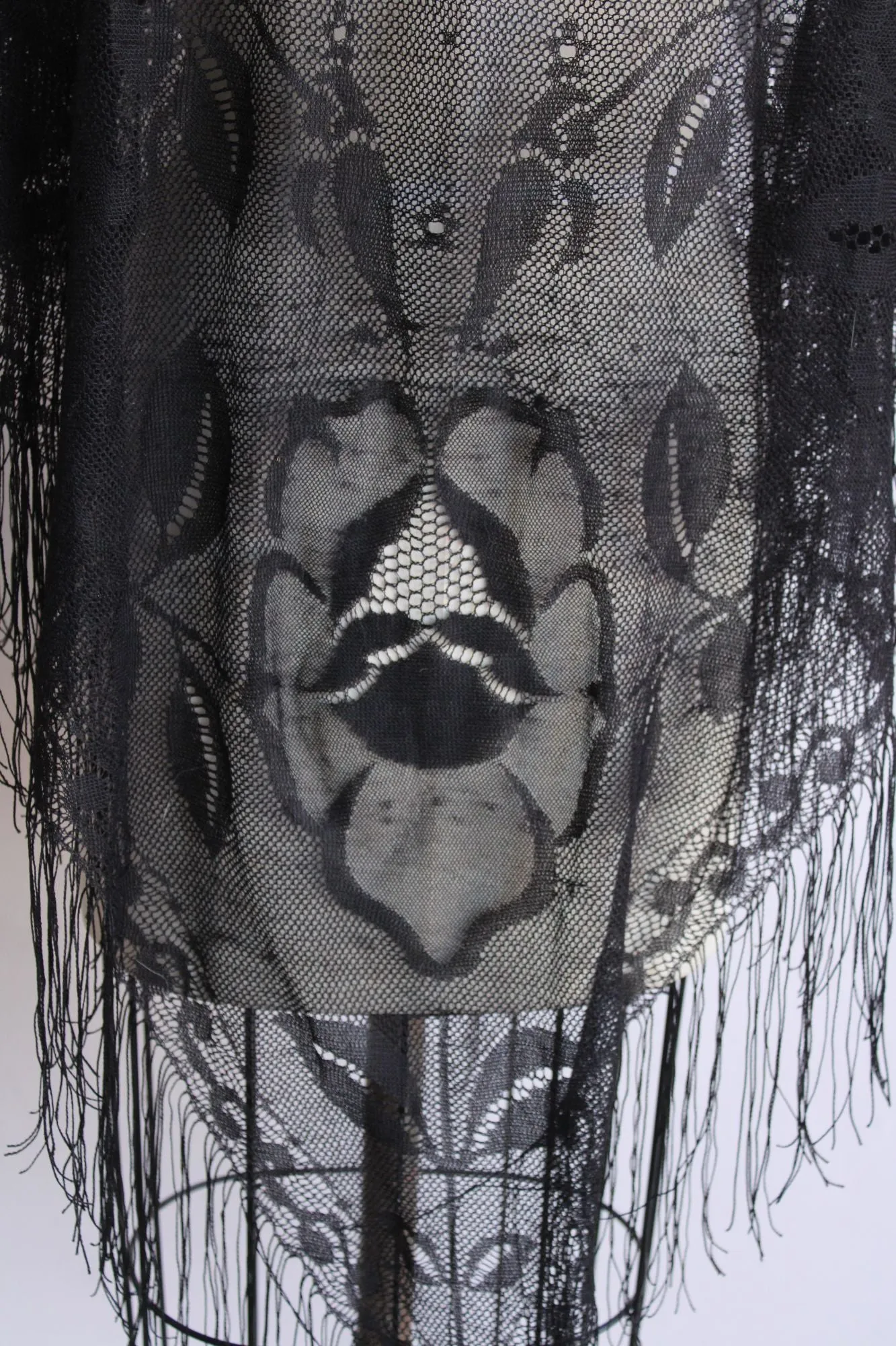 Womens Black Lace Shawl with Fringe, Triangle Wrap, Witchy Goth Style
