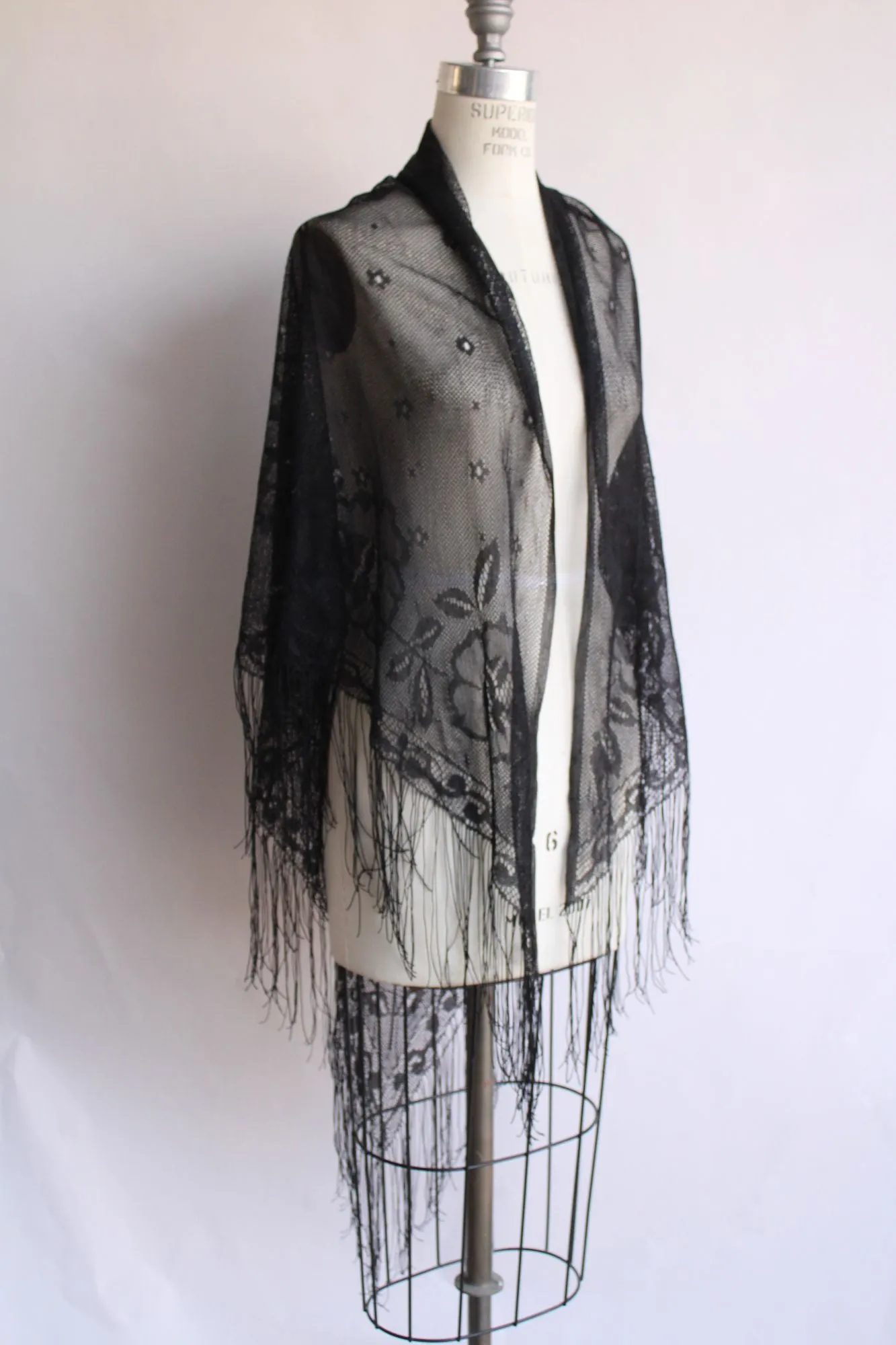Womens Black Lace Shawl with Fringe, Triangle Wrap, Witchy Goth Style