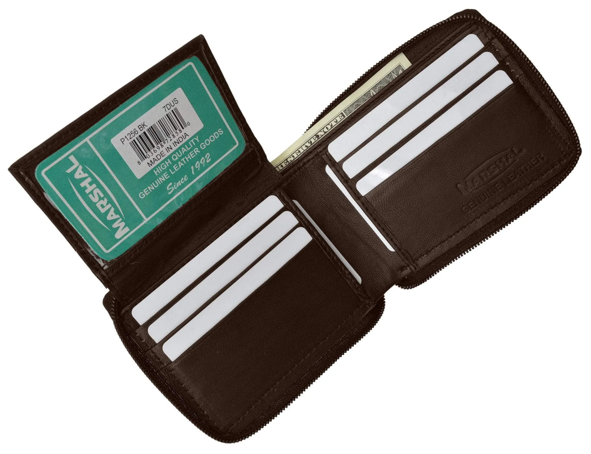Zippered Bifold Men's Wallet Deluxe Credit Card Flip Genuine Lamb Leather P 1256 (C)